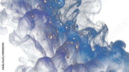 Blue and gold liquid smoke, shimmering dust particles, abstract transparent element, artistic effect