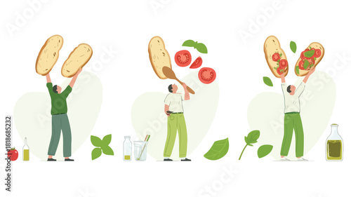 Three men preparing and assembling delicious bruschetta with fresh tomatoes and basil