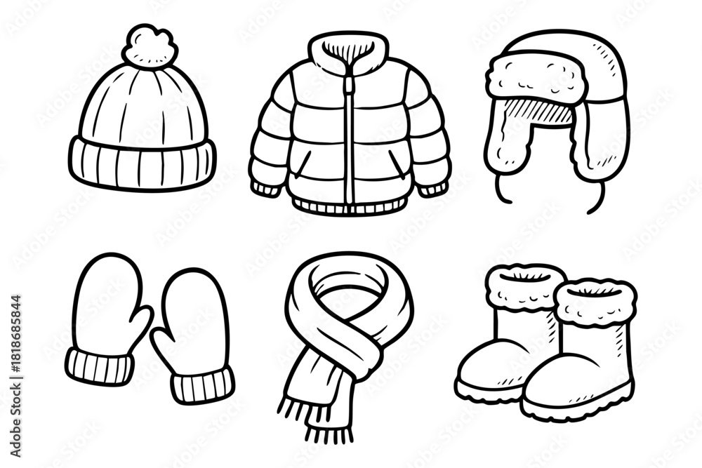 custom made wallpaper toronto digitalWinter clothes icons set, doodle, line, hand drawn style, vector stock illustration.