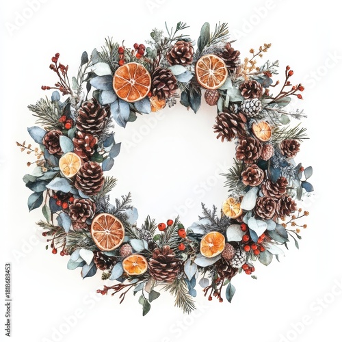 A decorative wreath made of pine cones, dried oranges, and eucalyptus leaves, perfect for seasonal decor.