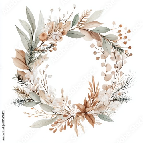A delicate floral wreath featuring soft hues of peach, green, and cream, adorned with various leaves and blossoms, perfect for decor or seasonal celebrations.