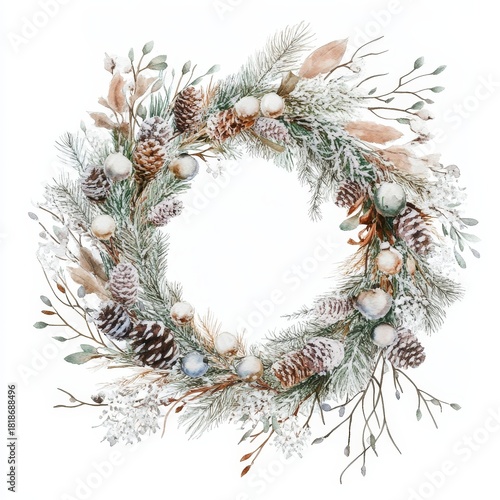 A festive wreath adorned with pine cones, greenery, and ornaments, perfect for winter celebrations and holiday decor.