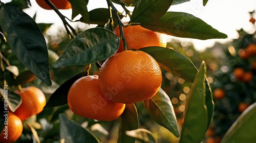 Tangerine Oranges on Tree Branch with Golden Sunlight Bokeh Background Footage