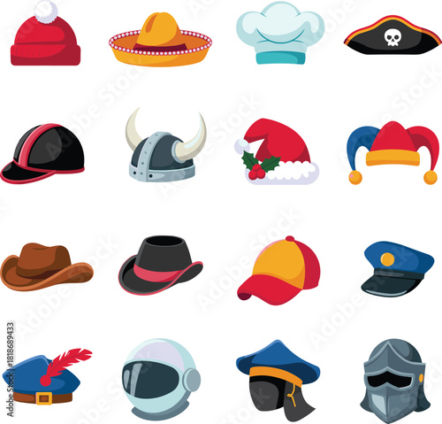 Colorful cartoon hat and helmet icon collection, fun assortment of costume headwear, festive, fantasy, holiday and profession themed hats illustration