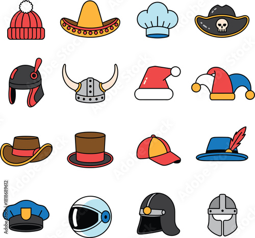 Colorful cartoon hat and helmet icon collection, fun assortment of costume headwear, festive, fantasy, holiday and profession themed hats illustration