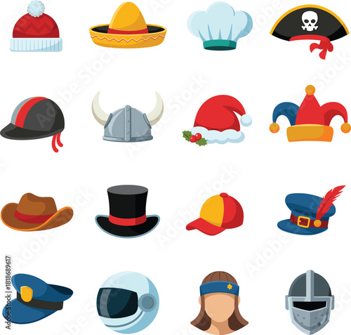 Colorful cartoon hat and helmet icon collection, fun assortment of costume headwear, festive, fantasy, holiday and profession themed hats illustration