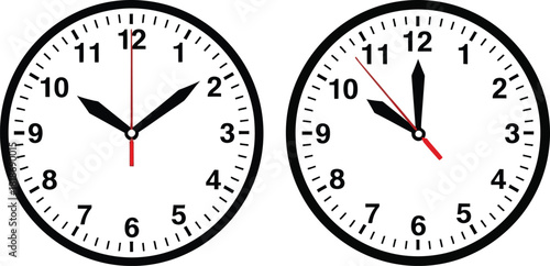 Two analog clocks showing different times on a white background vector