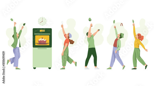 Diverse group of people baking and celebrating with fresh ingredients and a delicious cupcake