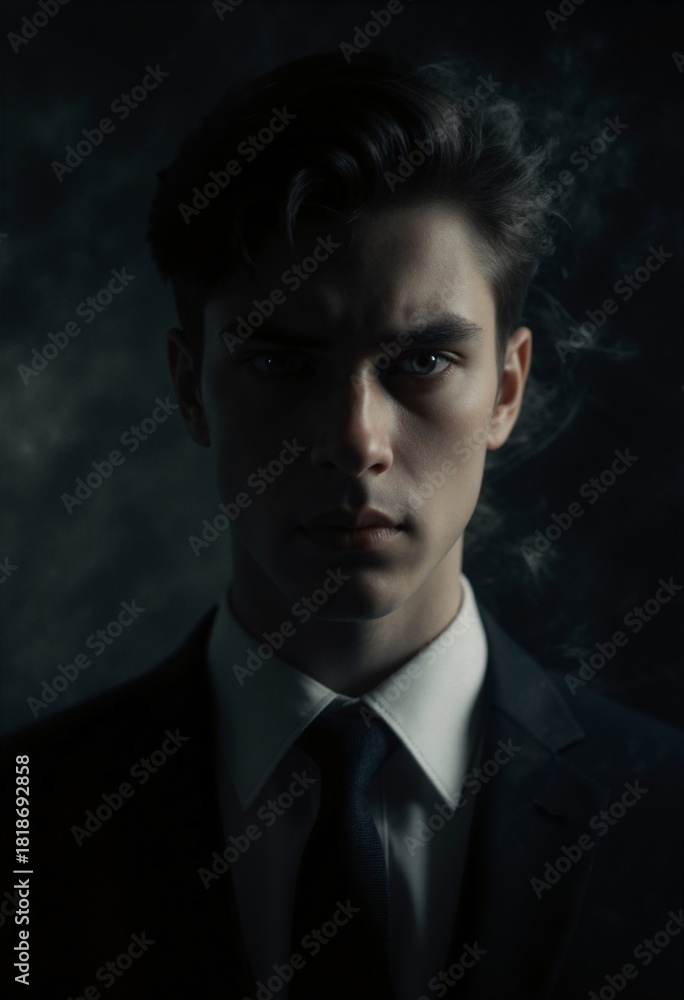 Fototapeta premium A depressed young man with piercing eyes, man's suit, shrouded with dark aura, haunting