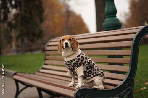 Beagle dog sitting on the bench in the park, wearing leopard sweater, looking straight in the camera