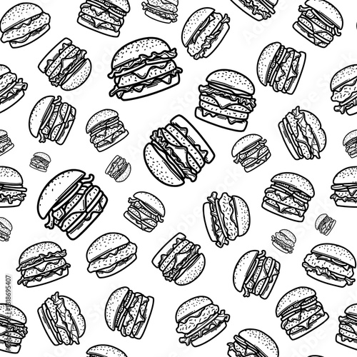 A seamless pattern of hand-drawn burger icons in a doodle style for a culinary background. Fast food doodles hamburger seamless pattern for restaurant branding and packaging.