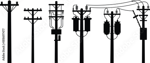 Collection of Silhouetted Electrical Poles with Transformers and Wires Keywords: electricity, power, utility, pole, transformer
