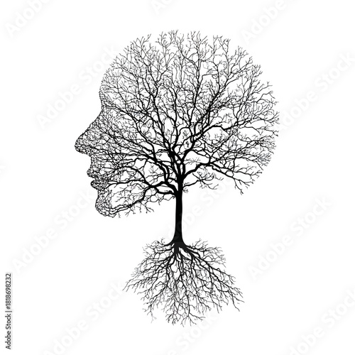 Silhouette of a human head formed by a bare tree with roots on a white background in detailed illustration