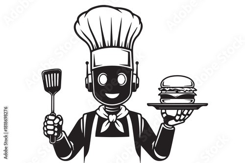 Chef robot serving burger – futuristic cooking android illustration