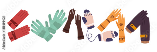 Winter clothing illustrations showing coats, jackets, sweaters, accessories and warm outfits set