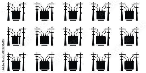 Grid of silhouetted electrical transformers mounted on utility poles on a white background power line