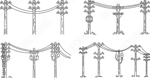 Outline illustrations of utility poles with power lines and transformers electricity infrastructure