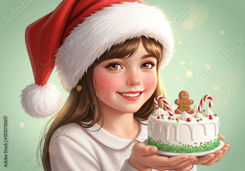 Girl in a Santa hat smiling while holding a small New Year cake on a light green background