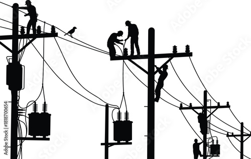 Silhouette of electricians working on power lines with transformers and a bird electricity worker