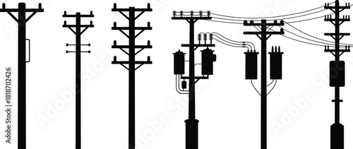 Variety of Silhouetted Utility Poles with Transformers and Wires Keywords: utility pole, power line, electricity, infrastructure