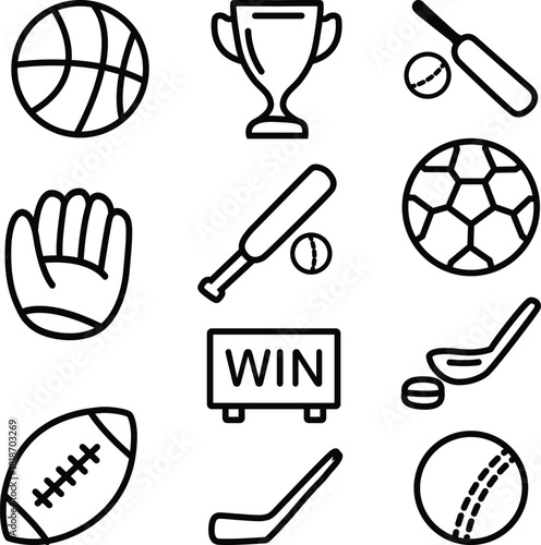 Collection of Sports Equipment and Trophy Line Icons