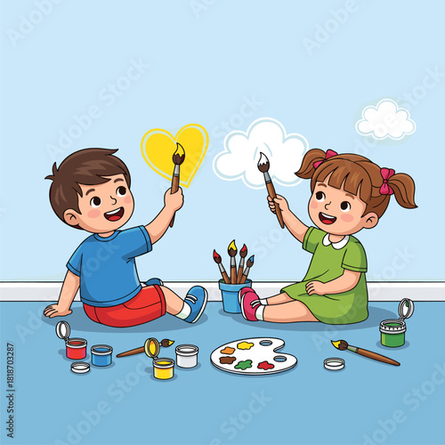Happy Children Painting on Wall: Boy and Girl Expressing Creativity with Brushes, Paint, and Palette, Creating a Heart and Cloud in a Fun Art Activity
