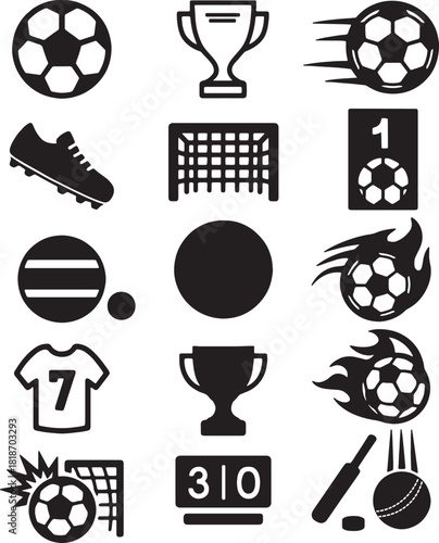 Monochrome Sports Equipment and Game Elements Icon Set