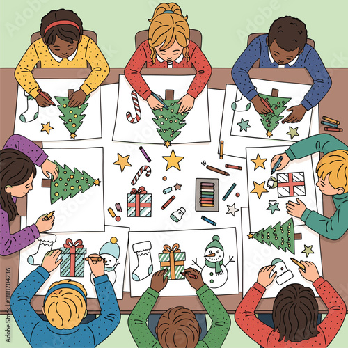 Diverse Group of Children Engaged in Creative Christmas Crafting Activity, Overhead View of Kids Drawing Holiday Decorations and Festive Art Togeth...