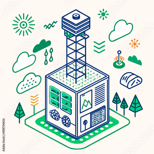 Isometric illustration of a weather station with surrounding natural elements silhouette isolated on white background