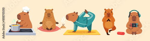 Cute capybaras having fun cooking meditating exercising and gaming
