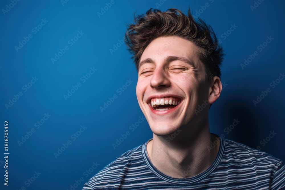 Obraz premium Young man laughing in a bright studio against a blue background