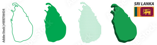 Sri Lanka Map Vector Set, Ceylon Outline Silhouette Dotted 3D Solid Shapes, South Asia Island Country Flag Banner, Geographic Infographic Template EPS