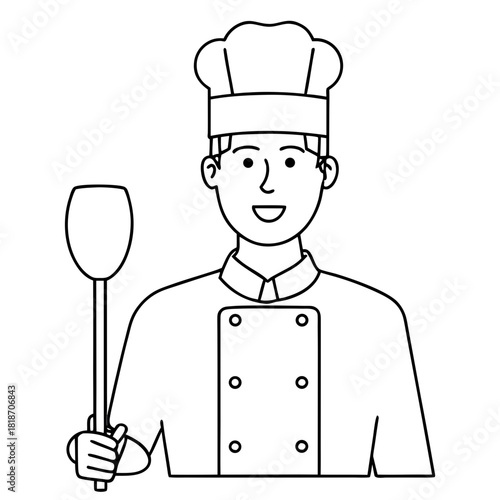 Vector graphics of a chef in a professional tunic and cap, holding a culinary spatula in his hand, like the conductor of a gastronomic orchestra, who masterfully wields the "scepter" of field cuisine.