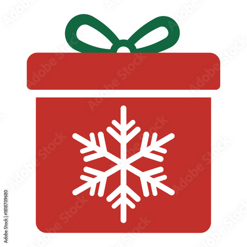 Stylized red Christmas gift box icon with a green ribbon bow and a white snowflake on the front. Simple, flat vector illustration representing holiday presents, giving, winter, and celebration.