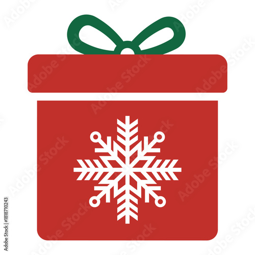 Stylized red Christmas gift box icon with a green ribbon bow and a white snowflake on the front. Simple, flat vector illustration representing holiday presents, giving, winter, and celebration.