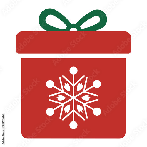 Stylized red Christmas gift box icon with a green ribbon bow and a white snowflake on the front. Simple, flat vector illustration representing holiday presents, giving, winter, and celebration.