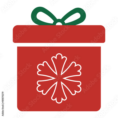 Stylized red Christmas gift box icon with a green ribbon bow and a white snowflake on the front. Simple, flat vector illustration representing holiday presents, giving, winter, and celebration.