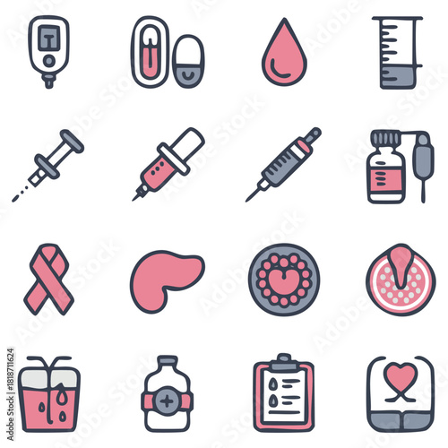Medical Health Icon Set Featuring Glucose Meter, Pills, Syringe, Droplet, Vaccines, Blood Bag, Organs