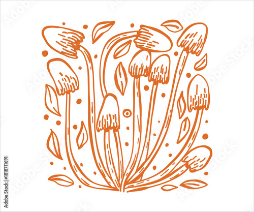 A delicate doodle-style toadstool appears in a light outline, capturing the charm of autumn vegetation with subtle fantasy notes and a cottagecore aesthetic inspired by wild forest plants.