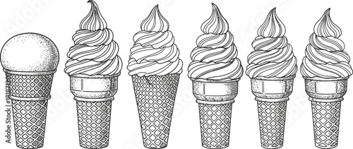 Ice cream cones vector illustration dessert summer treat sweet frozen food line art monochrome drawing