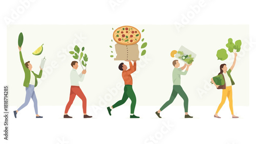 Diverse people carrying fresh food items including pizza salad and vegetables in a stylized illustration