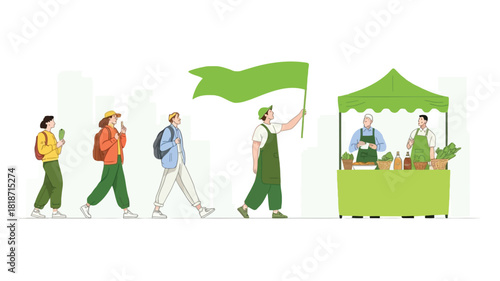 Diverse group of people walking towards a vibrant green farmers market stall with fresh produce