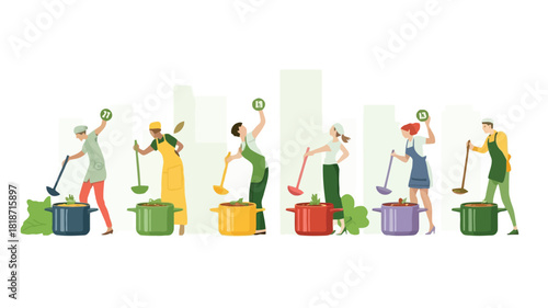 Diverse group of people in aprons stirring large pots of soup with ladles in a stylized setting