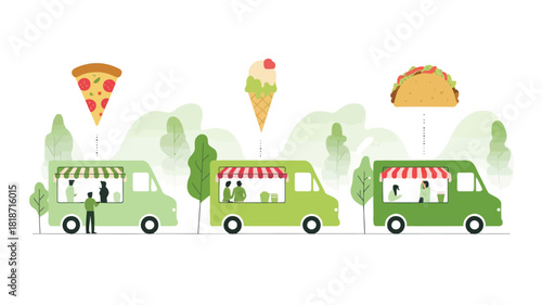 Three colorful food trucks offering pizza ice cream and tacos in a park setting