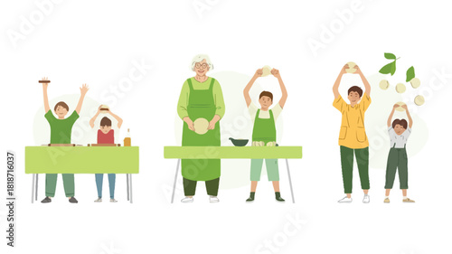 Happy family members of different generations baking together enjoying homemade dough and cooking activities