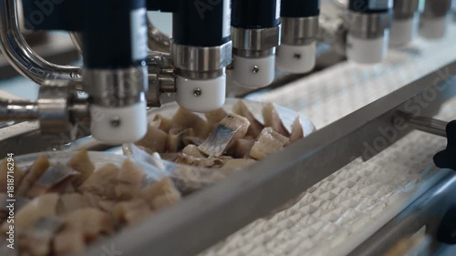 Production Line. Canned herring is filled with olive oil. Herring production.