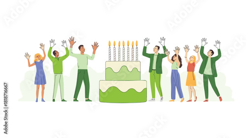 Diverse group of people celebrating a birthday with a tiered cake and lit candles raising their hands