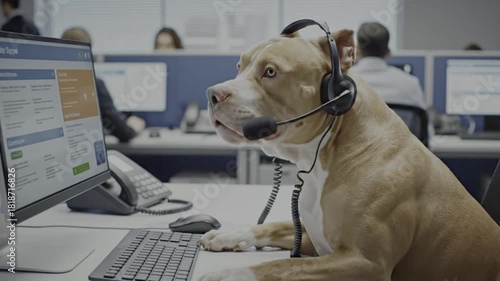 A pit bull dog with a headset works diligently at a computer in a busy call center, a humorous take on customer service.