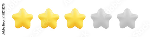 3D star rating row with three bright yellow stars and two soft grey stars, smooth rounded shapes isolated on white background for modern UI design, feedback systems and digital evaluation graphics