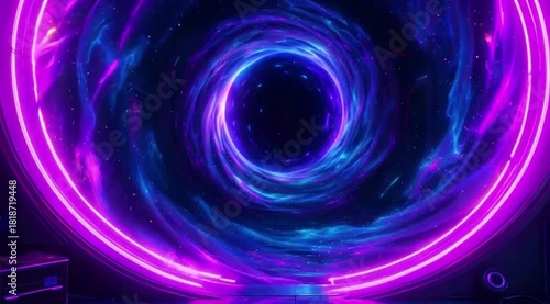 Vibrant swirling abstract portal with purple and blue neon lights  